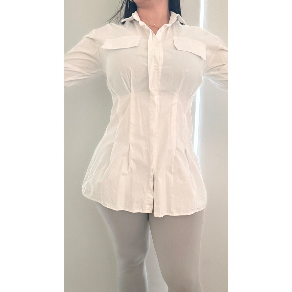 Yu & Me Paris White Fitted Button Up Blouse Flare Cuff Flap Pockets Sz M